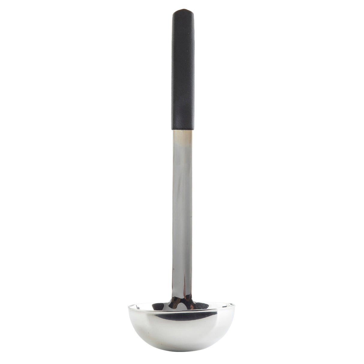 A stainless steel, dishwasher safe ladle with a deep, shiny bowl and a long handle featuring a black, rectangular grip. The ladle is upright, handle pointing up and bowl at the bottom, against a plain white background.