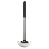 A stainless steel, dishwasher safe ladle with a deep, shiny bowl and a long handle featuring a black, rectangular grip. The ladle is upright, handle pointing up and bowl at the bottom, against a plain white background.