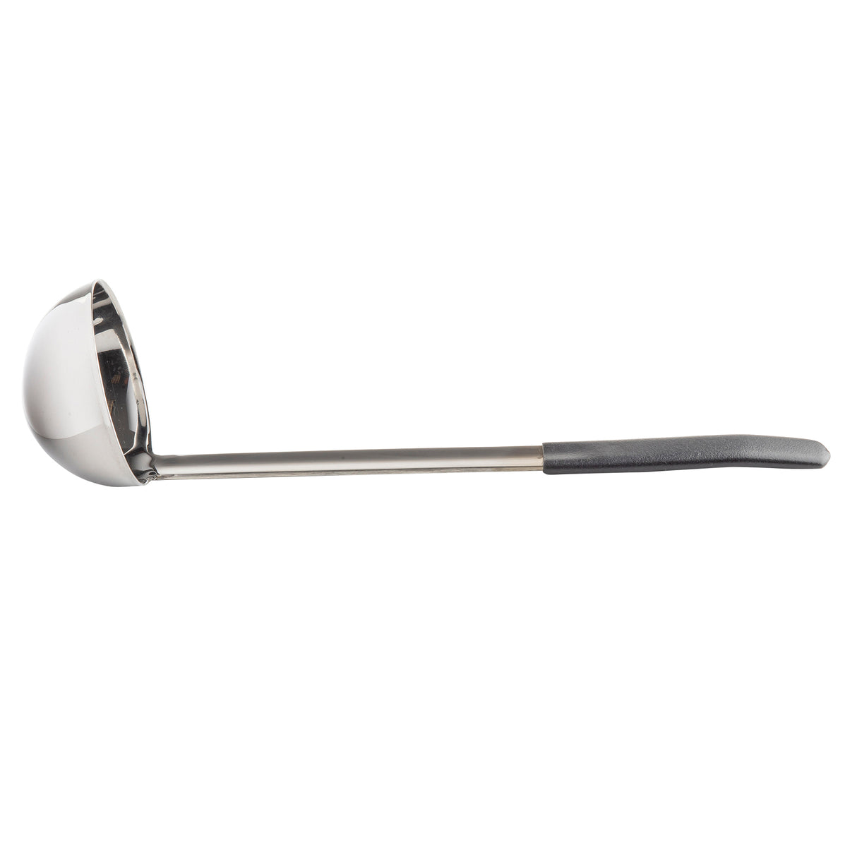 A stainless steel, dishwasher safe ladle with a deep, round bowl and a long, straight handle. The handle has a black, textured grip for comfortable holding. The antimicrobial ladle is positioned horizontally on a white background.