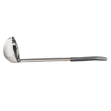 A stainless steel, dishwasher safe ladle with a deep, round bowl and a long, straight handle. The handle has a black, textured grip for comfortable holding. The antimicrobial ladle is positioned horizontally on a white background.