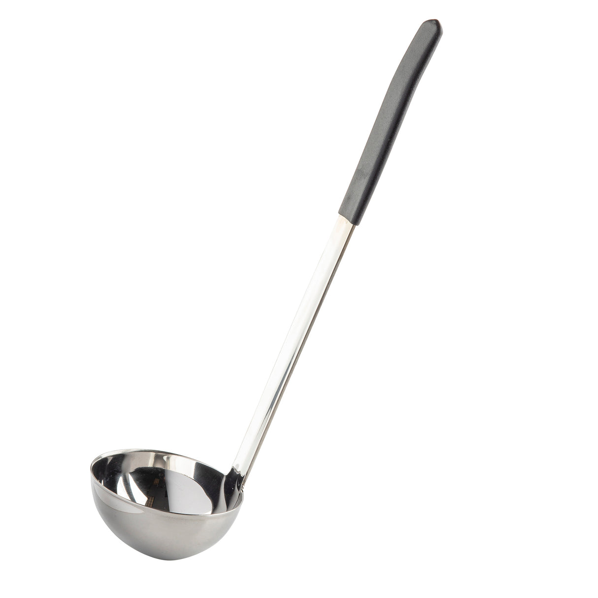 A dishwasher safe, stainless steel ladle with a deep, round bowl and a long, straight handle featuring a black, non-slip grip at the end. The ladle is positioned at an angle on a white background.