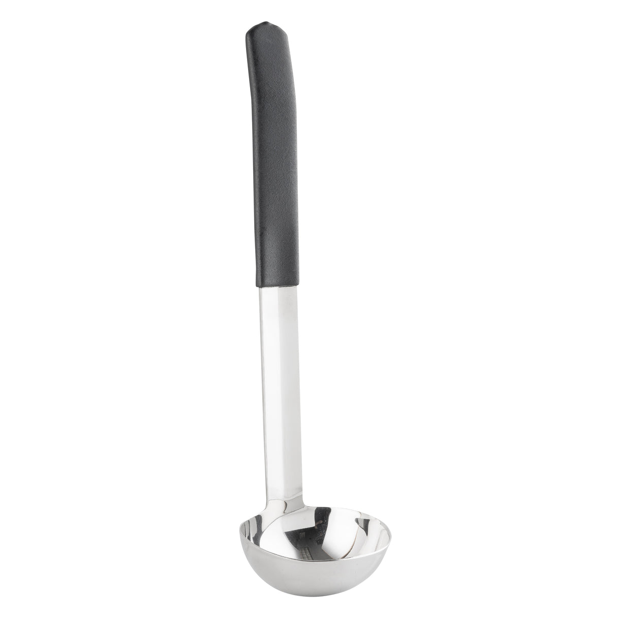 A stainless steel, dishwasher safe ladle with a deep, round bowl and a long handle. The ergonomic black grip ensures comfort, while the shiny antimicrobial ladle surface reflects light for a simple, modern look.