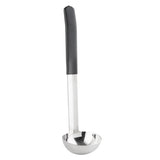 A stainless steel, dishwasher safe ladle with a deep, round bowl and a long handle. The ergonomic black grip ensures comfort, while the shiny antimicrobial ladle surface reflects light for a simple, modern look.