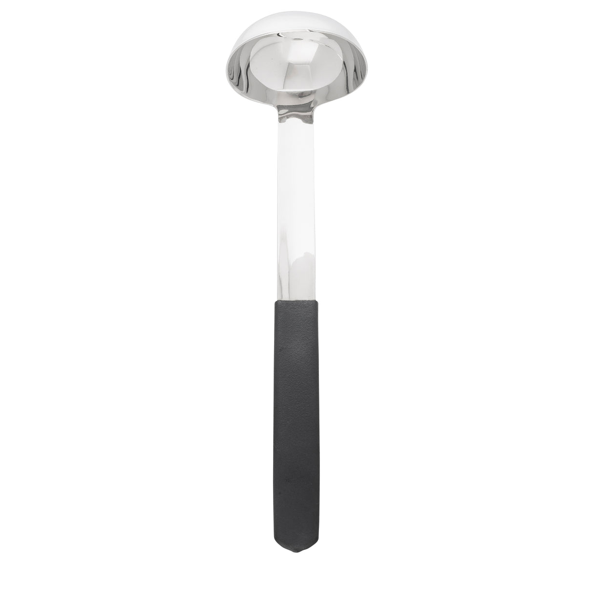 A stainless steel, antimicrobial ladle with a deep, round bowl and a long, straight handle. The handle has a textured black grip for comfort. Dishwasher safe and photographed on a plain white background, the ladle faces bowl upward.
