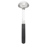 A stainless steel, antimicrobial ladle with a deep, round bowl and a long, straight handle. The handle has a textured black grip for comfort. Dishwasher safe and photographed on a plain white background, the ladle faces bowl upward.