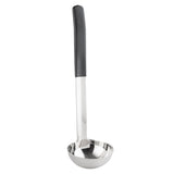 A shiny antimicrobial ladle crafted from stainless steel, with a deep, round bowl and a long handle featuring a black, textured grip. Its reflective silver finish is dishwasher safe, and it's photographed on a plain white background.