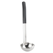 A shiny antimicrobial ladle crafted from stainless steel, with a deep, round bowl and a long handle featuring a black, textured grip. Its reflective silver finish is dishwasher safe, and it's photographed on a plain white background.