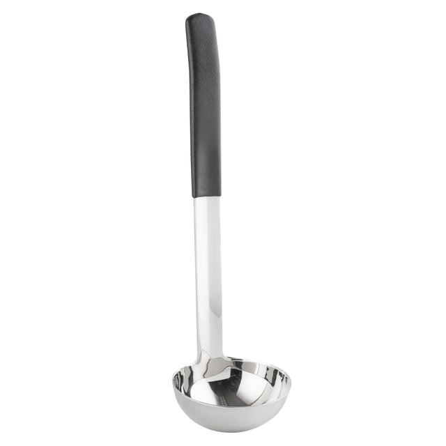 A shiny antimicrobial ladle crafted from stainless steel, with a deep, round bowl and a long handle featuring a black, textured grip. Its reflective silver finish is dishwasher safe, and it's photographed on a plain white background.