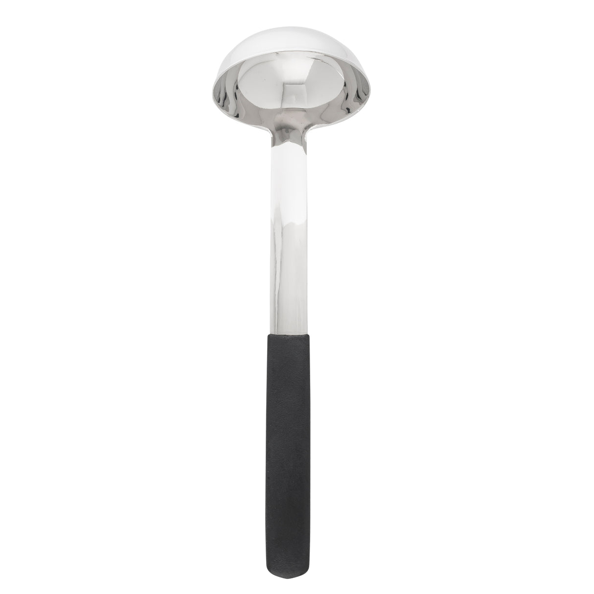 A shiny stainless steel ladle with a deep, round bowl and a long handle. The lower part of the handle features a smooth black grip for comfortable holding. This dishwasher safe ladle is positioned upright against a white background.