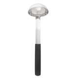 A shiny stainless steel ladle with a deep, round bowl and a long handle. The lower part of the handle features a smooth black grip for comfortable holding. This dishwasher safe ladle is positioned upright against a white background.
