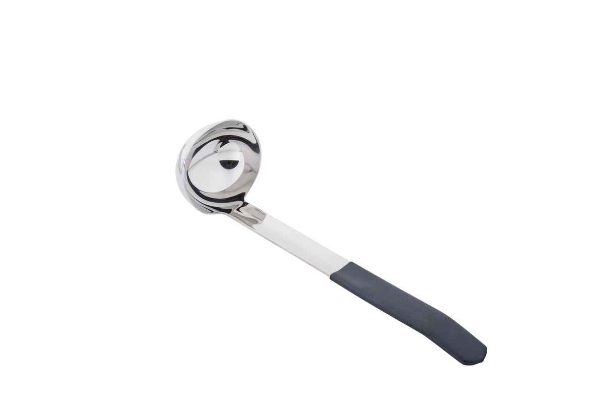 A stainless steel, dishwasher safe ladle with a deep, rounded bowl and a long handle featuring a black, textured grip. The ladle is positioned at an angle on a white background.
