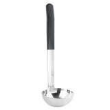 A dishwasher safe stainless steel ladle with a deep, round bowl and a long, straight handle featuring a black, textured grip at the top. The ladle is positioned upright against a white background.