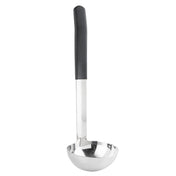 A dishwasher safe stainless steel ladle with a deep, round bowl and a long, straight handle featuring a black, textured grip at the top. The ladle is positioned upright against a white background.