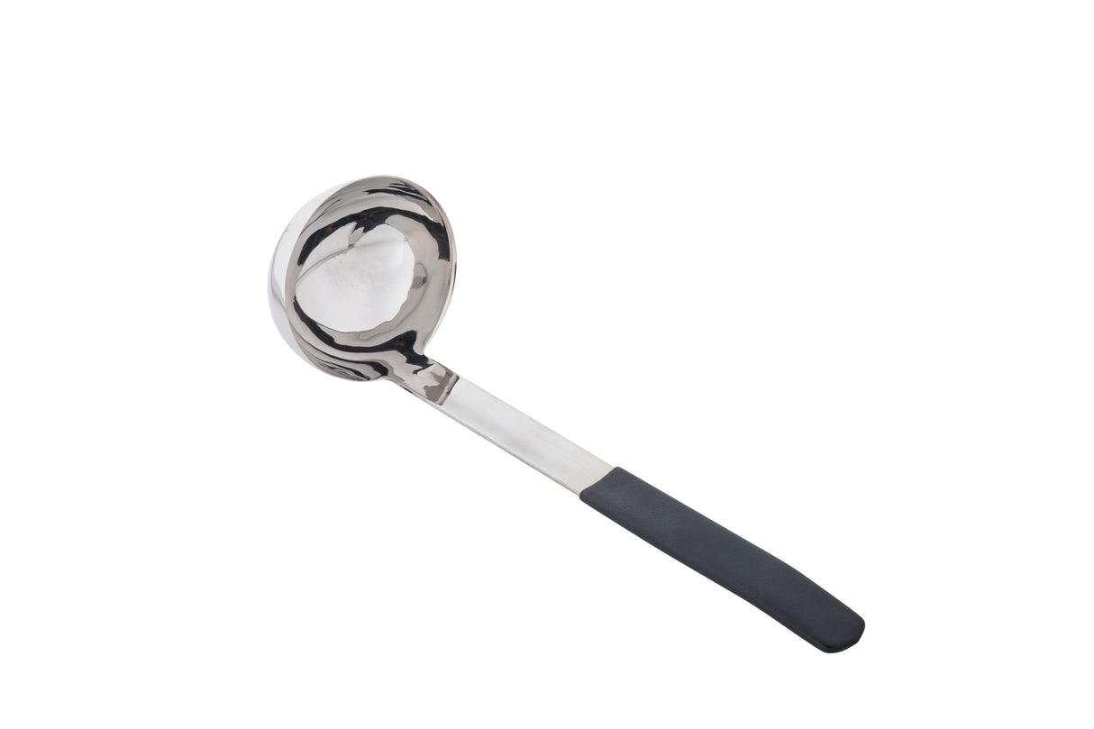 A dishwasher safe stainless steel ladle with a deep, round bowl and a long handle, featuring a black, textured grip at the end. The ladle is positioned at an angle on a white background.