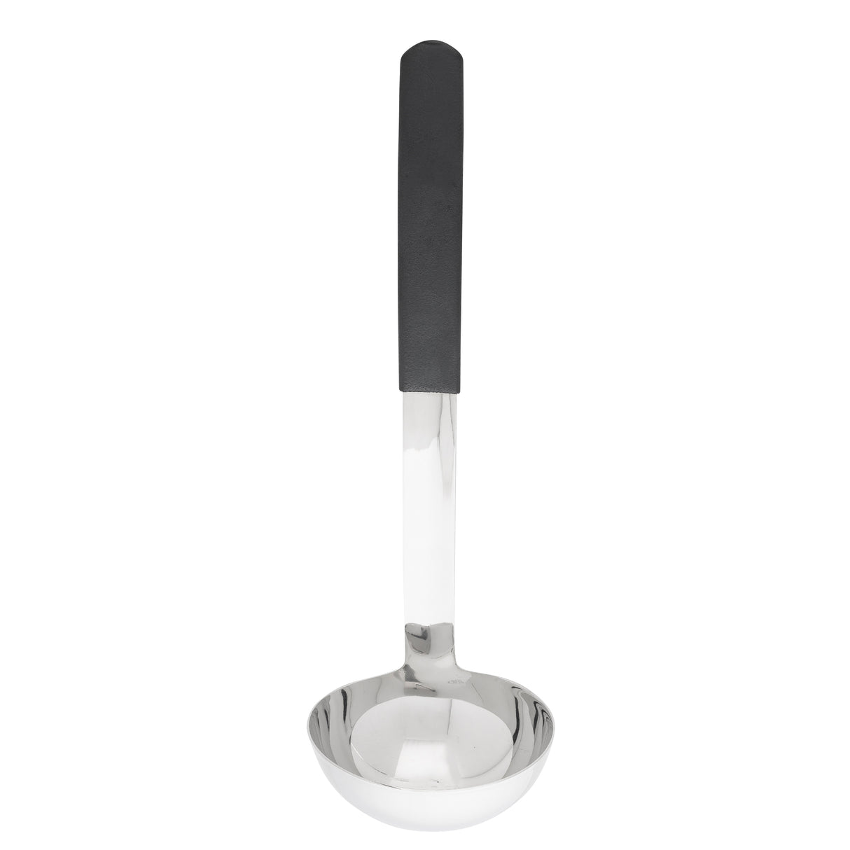 A stainless steel ladle with a deep, round bowl and a straight handle. The handle is partially covered with a black, non-slip grip for easy holding. This dishwasher safe ladle is shown against a plain white background, bowl side forward.