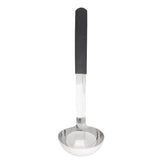 A stainless steel ladle with a deep, round bowl and a straight handle. The handle is partially covered with a black, non-slip grip for easy holding. This dishwasher safe ladle is shown against a plain white background, bowl side forward.