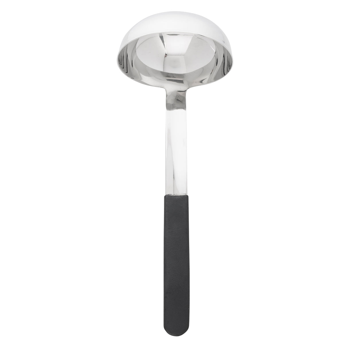 A shiny stainless steel ladle with a deep, round bowl and a long handle. The straight handle, partially covered with a black, non-slip grip, enhances the antimicrobial ladle’s polished look. Image taken from above on a white background.