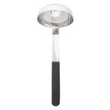 A shiny stainless steel ladle with a deep, round bowl and a long handle. The straight handle, partially covered with a black, non-slip grip, enhances the antimicrobial ladle’s polished look. Image taken from above on a white background.