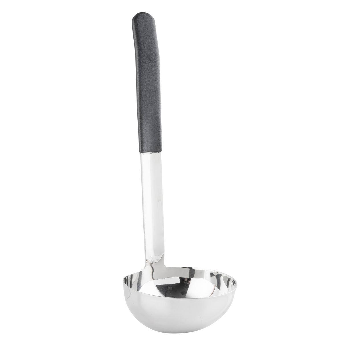 A stainless steel soup ladle with a deep, shiny round bowl and a long handle partially covered in black material for grip. This dishwasher safe ladle stands upright against a white background, combining style with convenience.