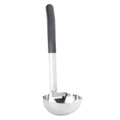 A stainless steel soup ladle with a deep, shiny round bowl and a long handle partially covered in black material for grip. This dishwasher safe ladle stands upright against a white background, combining style with convenience.