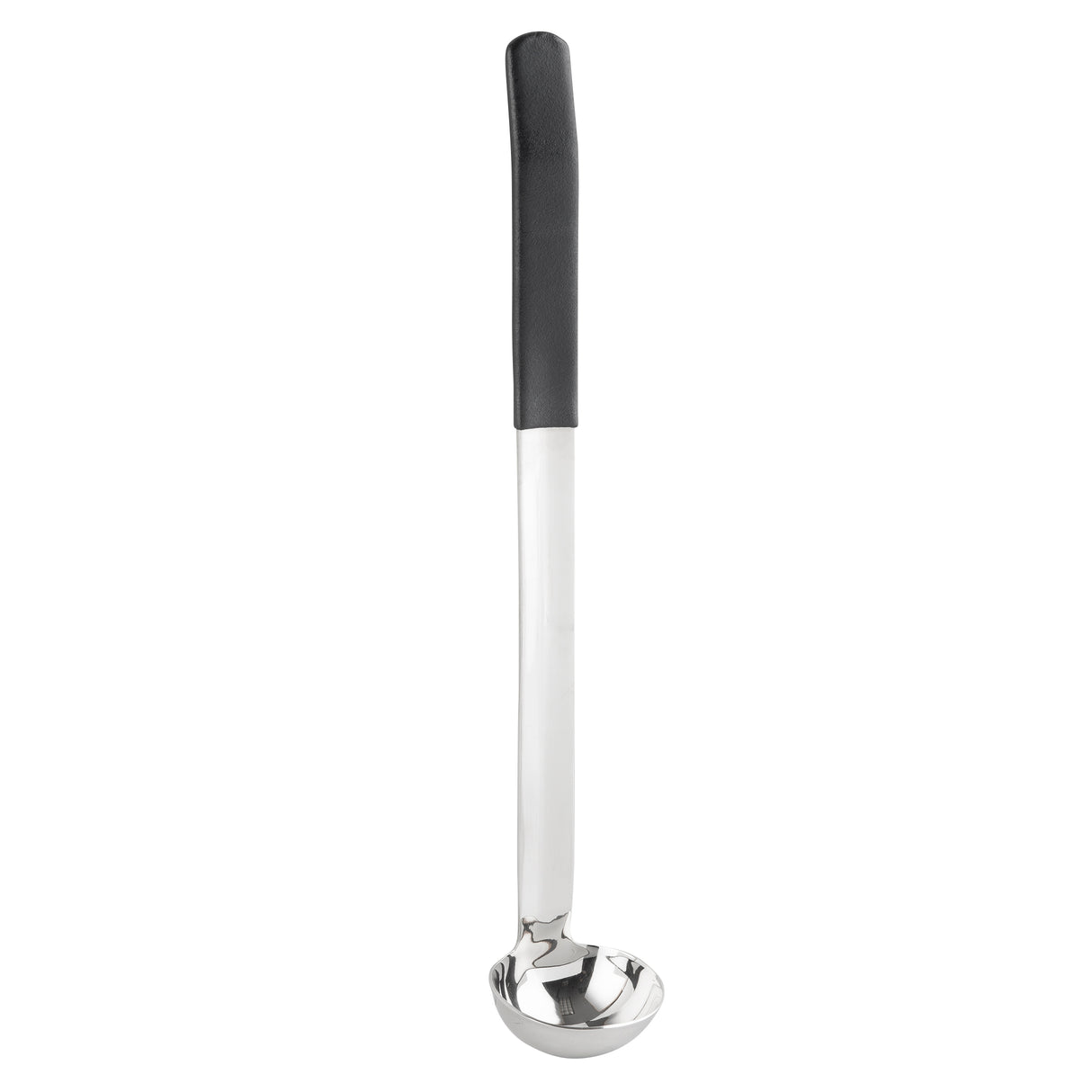 A stainless steel, antimicrobial ladle with a deep, round bowl and a long, straight handle featuring a black, textured grip at the top, shown upright against a plain white background.