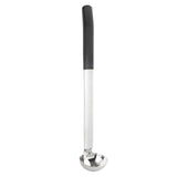 A stainless steel, antimicrobial ladle with a deep, round bowl and a long, straight handle featuring a black, textured grip at the top, shown upright against a plain white background.