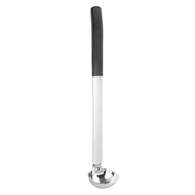 A stainless steel, antimicrobial ladle with a deep, round bowl and a long, straight handle featuring a black, textured grip at the top, shown upright against a plain white background.