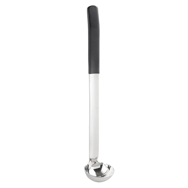 A stainless steel, antimicrobial ladle with a deep, round bowl and a long, straight handle featuring a black, textured grip at the top, shown upright against a plain white background.