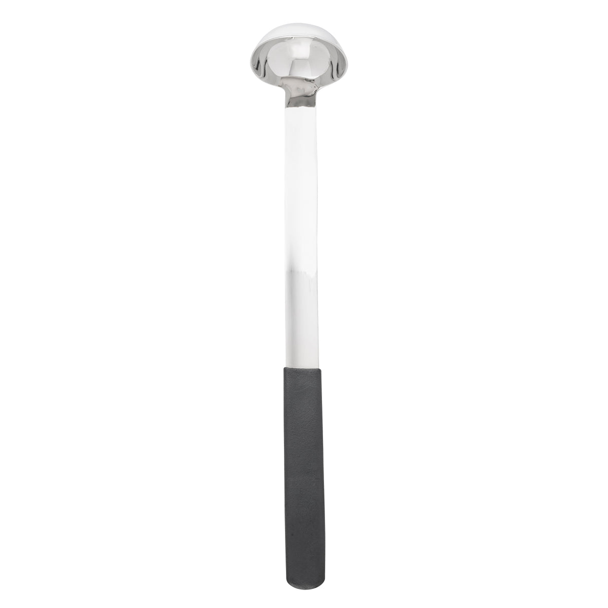 A stainless steel ladle with a deep, round bowl and a long handle featuring a black, textured grip at the end. This dishwasher safe ladle is positioned vertically against a plain white background.