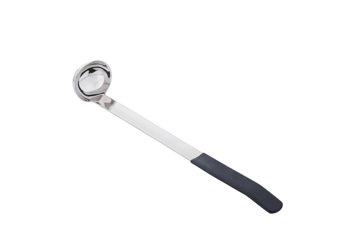 A stainless steel, antimicrobial ladle with a deep, round bowl and a long handle. The handle has a black, non-slip grip covering the end. Positioned diagonally on a plain white background and is also dishwasher safe.
