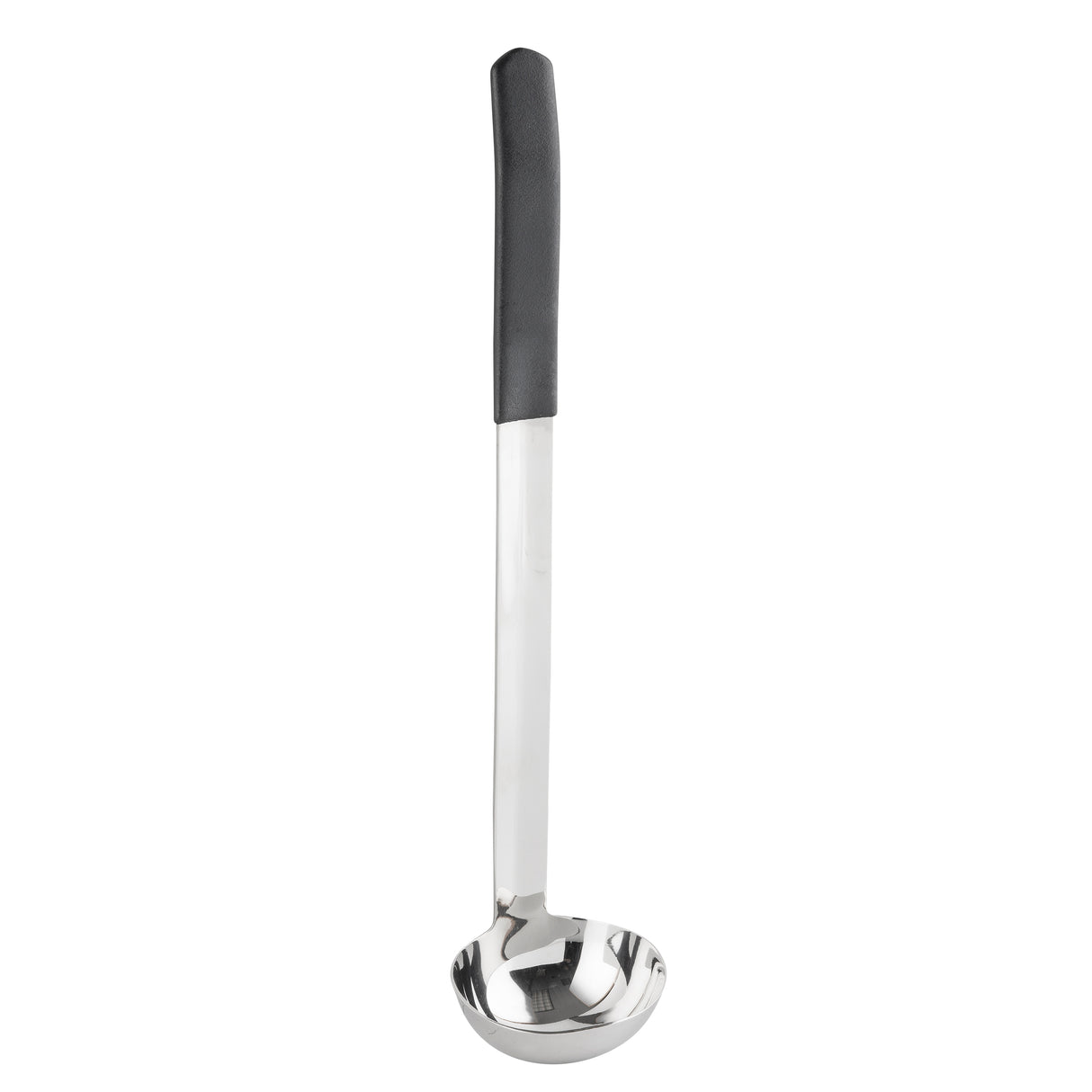 A stainless steel, antimicrobial ladle with a deep, round bowl and a long handle. The silver handle features a black ergonomic grip for comfortable holding. This utensil is dishwasher safe and photographed on a white background.