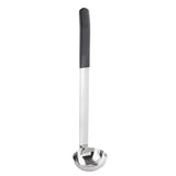A stainless steel, antimicrobial ladle with a deep, round bowl and a long handle. The silver handle features a black ergonomic grip for comfortable holding. This utensil is dishwasher safe and photographed on a white background.