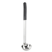 A stainless steel, antimicrobial ladle with a deep, round bowl and a long handle. The silver handle features a black ergonomic grip for comfortable holding. This utensil is dishwasher safe and photographed on a white background.