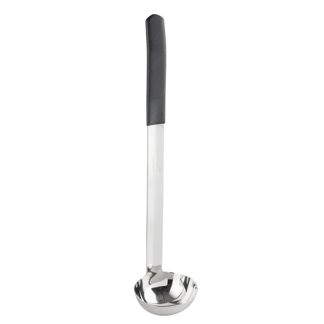 A stainless steel, antimicrobial ladle with a deep, round bowl and a long handle. The silver handle features a black ergonomic grip for comfortable holding. This utensil is dishwasher safe and photographed on a white background.
