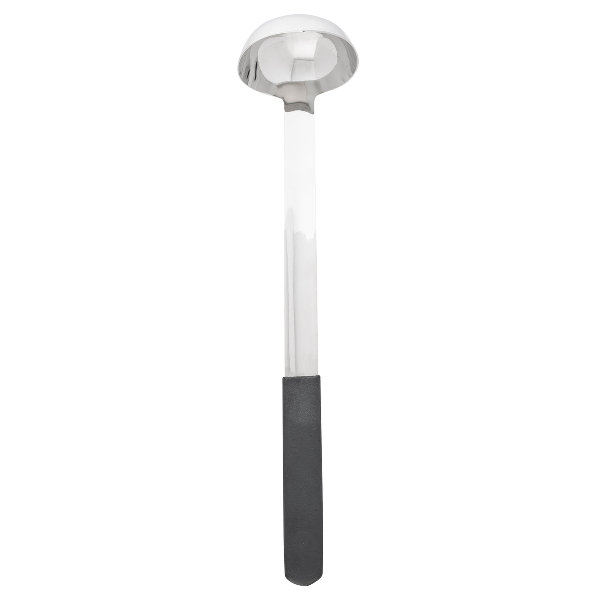 A shiny stainless steel ladle with a deep, round bowl and a long straight handle. The lower part of the handle is covered with a black, textured grip. The ladle is positioned vertically against a white background.