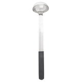 A shiny stainless steel ladle with a deep, round bowl and a long straight handle. The lower part of the handle is covered with a black, textured grip. The ladle is positioned vertically against a white background.