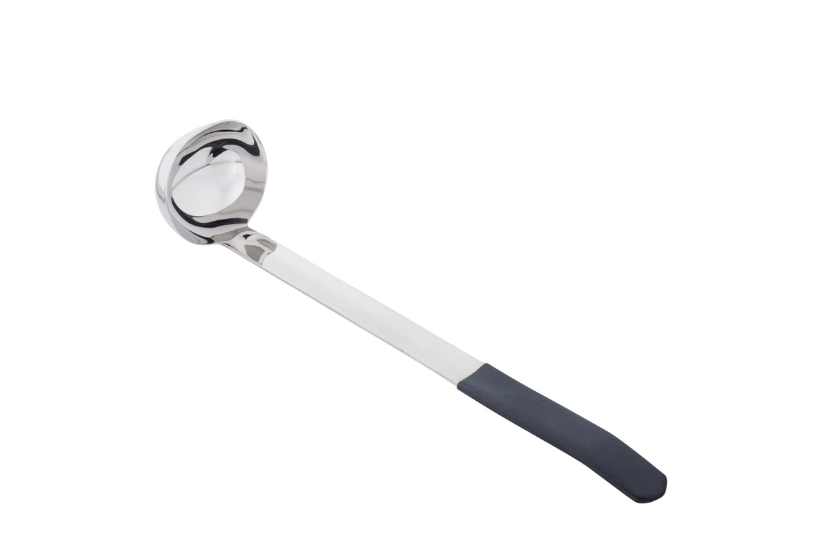 A stainless steel, dishwasher safe ladle with a deep, round bowl and a long handle. The handle features a black, non-slip grip covering about one-third of its length. The ladle is positioned diagonally on a plain white background.