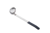 A stainless steel, dishwasher safe ladle with a deep, round bowl and a long handle. The handle features a black, non-slip grip covering about one-third of its length. The ladle is positioned diagonally on a plain white background.