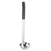 A stainless steel, dishwasher safe ladle with a deep, round bowl and a long straight handle. The handle has a black, textured grip at the top for comfortable holding. The ladle is positioned vertically against a white background.