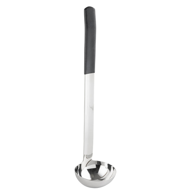 A stainless steel, dishwasher safe ladle with a deep, round bowl and a long straight handle. The handle has a black, textured grip at the top for comfortable holding. The ladle is positioned vertically against a white background.