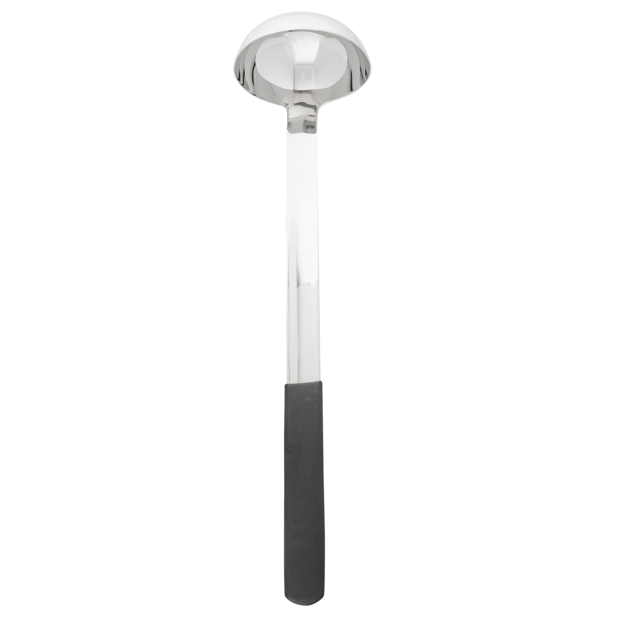 A stainless steel, dishwasher safe ladle with a deep, round bowl and a long handle featuring a black, textured, non-slip grip at the end. The ladle is positioned vertically against a white background, showing its reflective surface.
