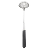 A stainless steel, dishwasher safe ladle with a deep, round bowl and a long handle featuring a black, textured, non-slip grip at the end. The ladle is positioned vertically against a white background, showing its reflective surface.