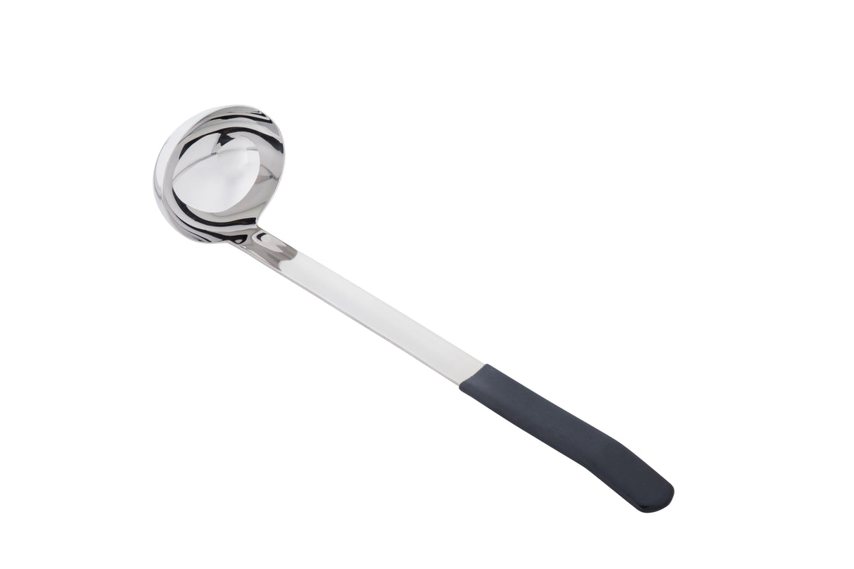 A shiny, dishwasher safe stainless steel ladle features a deep, round bowl and a long handle with a black, textured, non-slip grip at the end. The ladle is isolated on a white background.