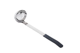 A shiny, dishwasher safe stainless steel ladle features a deep, round bowl and a long handle with a black, textured, non-slip grip at the end. The ladle is isolated on a white background.