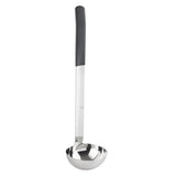 A stainless steel ladle with a deep, round bowl and a long handle. The black, non-slip grip contrasts with the shiny metal below. This dishwasher safe ladle is upright against a plain white background.