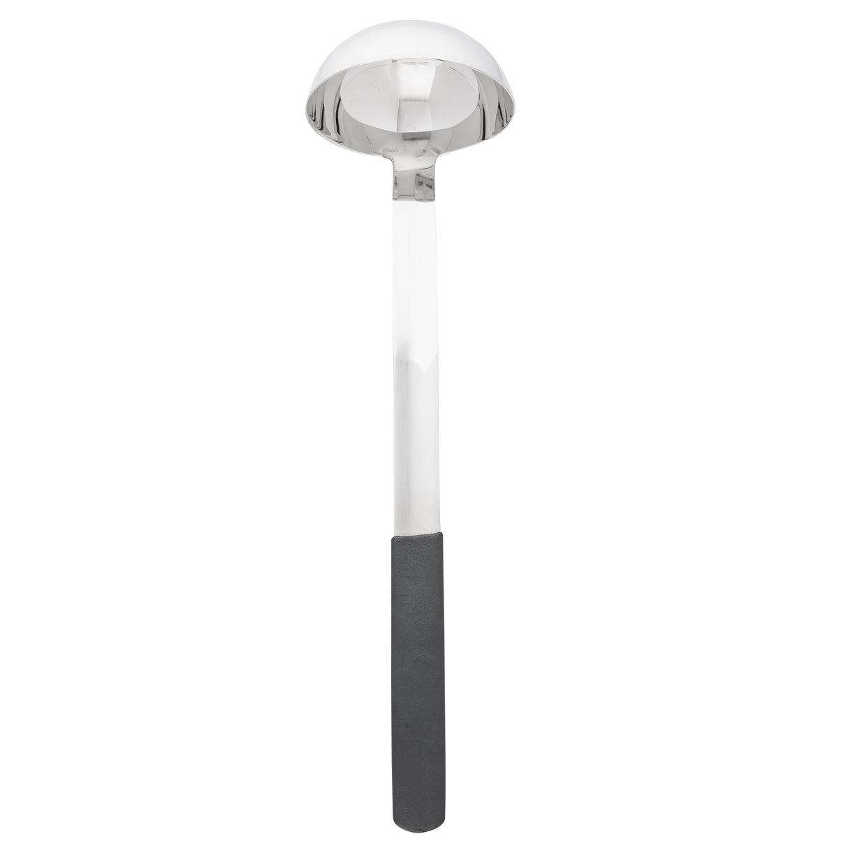 A large dishwasher safe stainless steel ladle with a deep, round bowl and a long handle. The handle is partially covered with a black, textured grip for easy holding. The utensil is photographed against a plain white background.