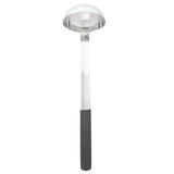 A large dishwasher safe stainless steel ladle with a deep, round bowl and a long handle. The handle is partially covered with a black, textured grip for easy holding. The utensil is photographed against a plain white background.
