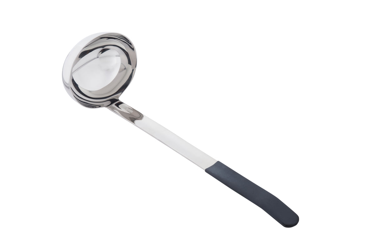A stainless steel, dishwasher safe ladle with a deep, round bowl and a long handle featuring a black, non-slip grip. The ladle is photographed on a white background, angled diagonally with the handle at the lower right.