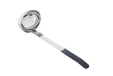 A stainless steel, dishwasher safe ladle with a deep, round bowl and a long handle featuring a black, non-slip grip. The ladle is photographed on a white background, angled diagonally with the handle at the lower right.