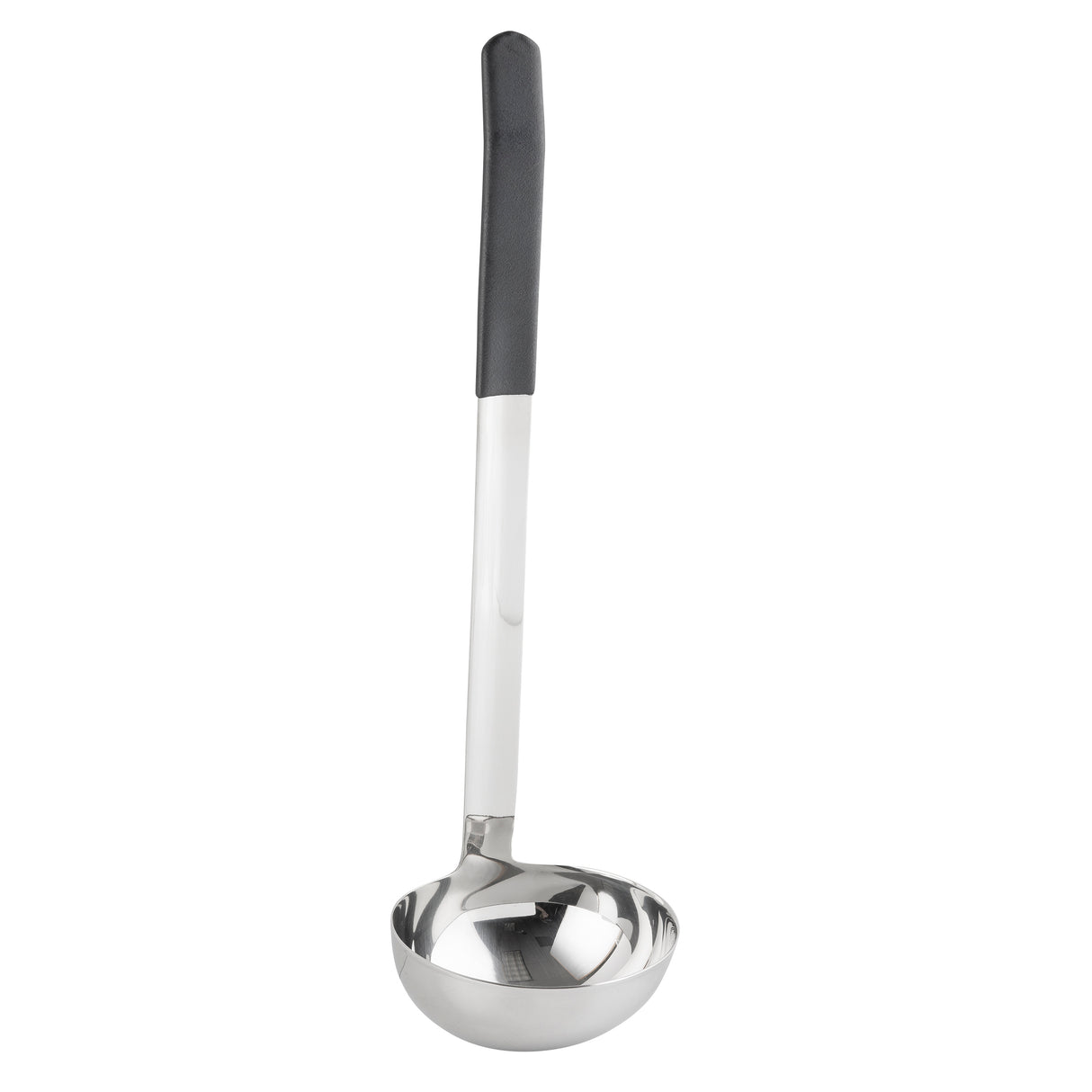 A dishwasher safe, stainless steel ladle with a deep, round bowl and a long handle featuring a black, non-slip grip at the top. The utensil is photographed against a plain white background.